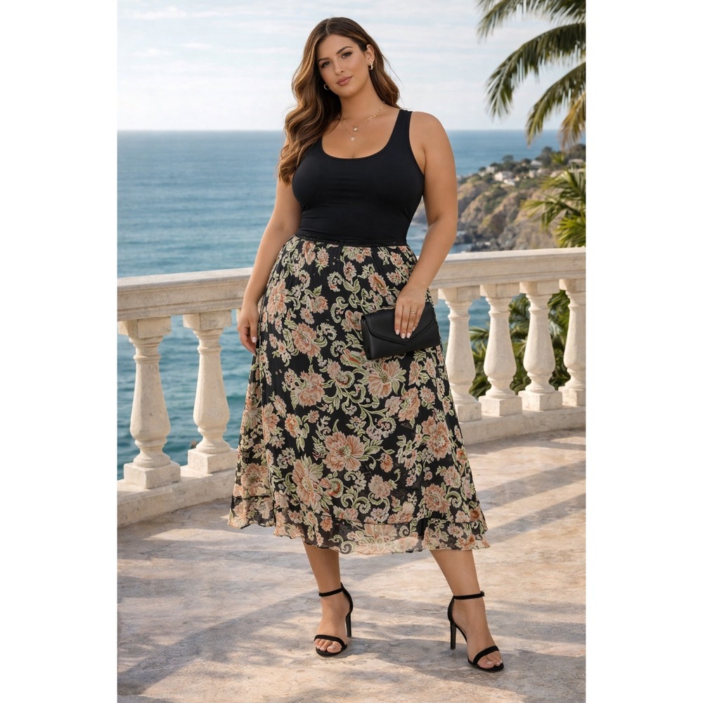 Cato Midi Skirt Women Plus Size 22/24W Brown Floral Chiffon‎ Fairy Grunge Y2K